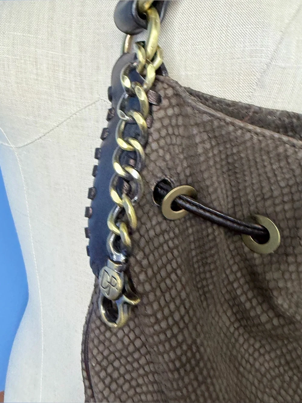 Donald J Pliner Women's Brown Drawstring Suede Snakeskin Shoulder Bag